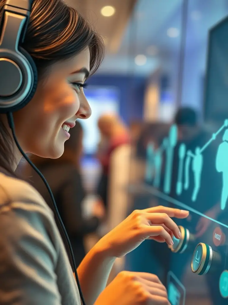 A close-up shot of a visitor interacting with an interactive display showcasing the evolution of radio technology, with headphones on and a look of fascination.