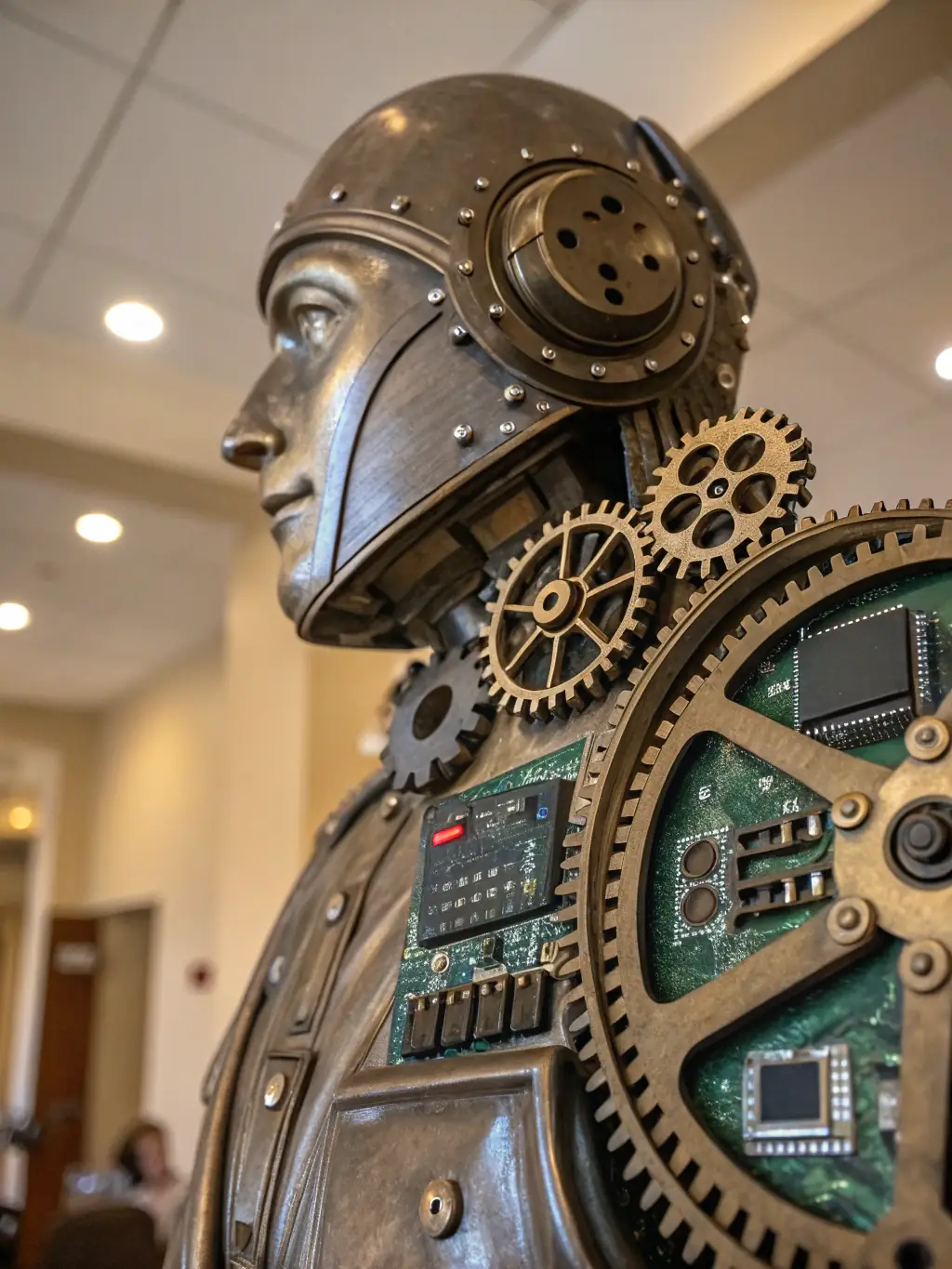 A detailed close-up shot of a vintage phonograph mechanism, highlighting the intricate engineering and technical innovation of early audio technology, emphasizing the museum's role in transmitting technical knowledge.