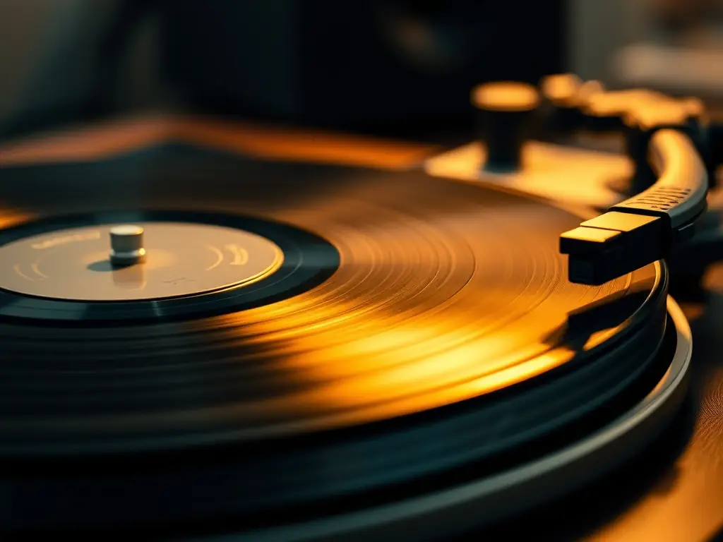 A meticulously restored phonograph from the 1920s, showcasing its intricate design and craftsmanship. The phonograph is playing a vintage record, evoking the era's music and culture.
