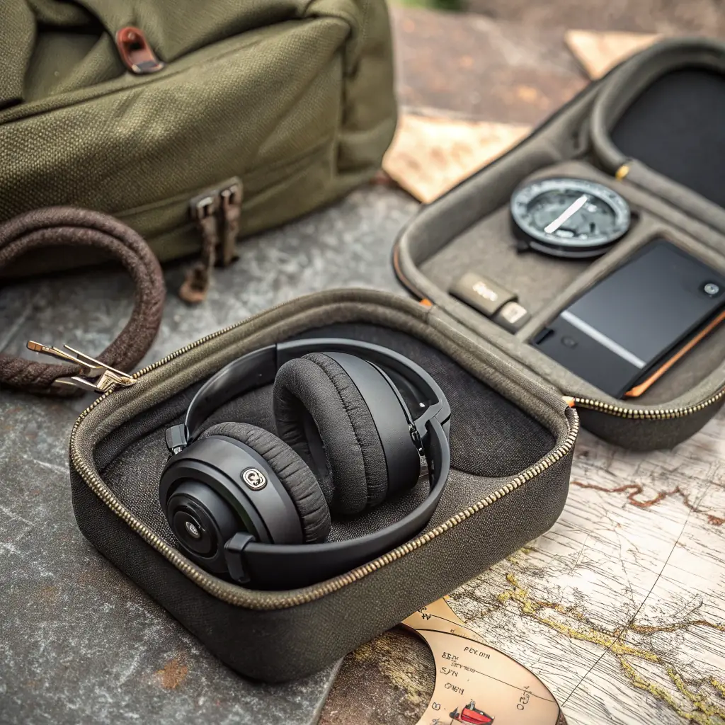 A stylish carrying case for headphones with a padded interior and durable exterior.