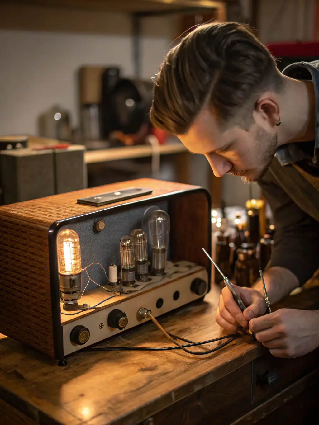 A photograph of a museum curator carefully restoring a vintage radio, emphasizing the museum's dedication to preserving the heritage of radio and phonograph for future generations.
