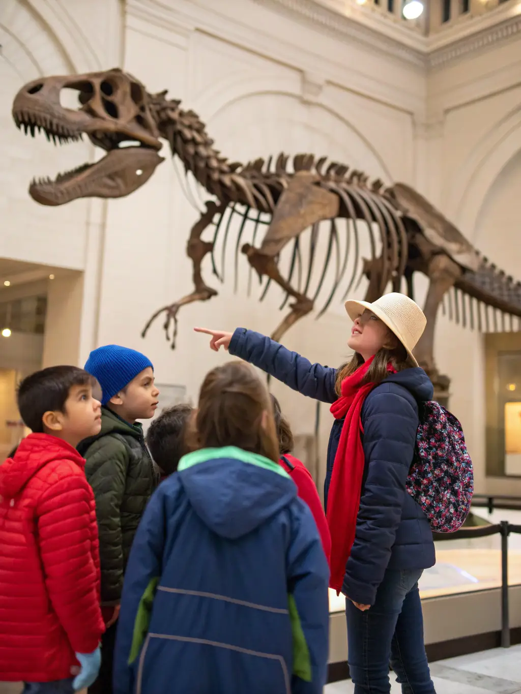 A photograph of a group of children participating in a guided tour at the museum, listening attentively to a museum guide explaining the workings of an early phonograph.