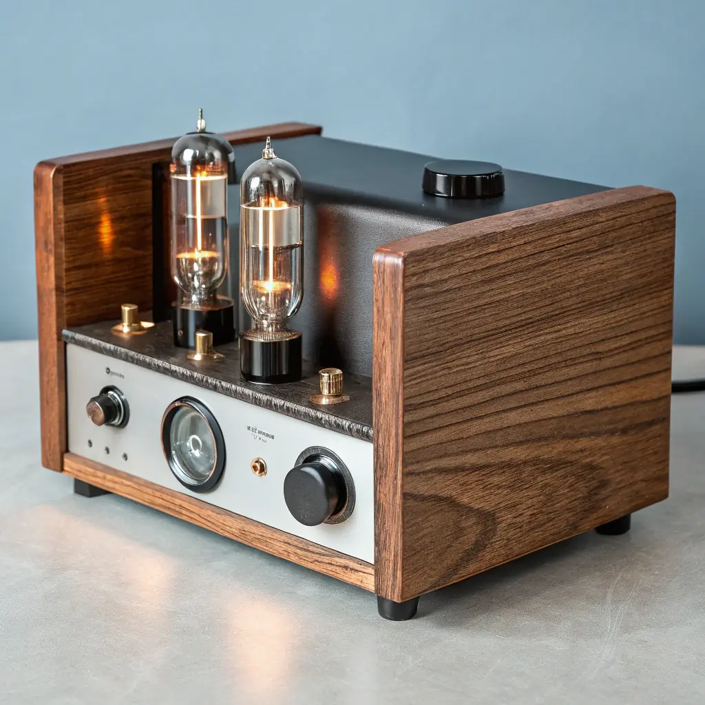A high-fidelity amplifier with vacuum tubes and a retro aesthetic.