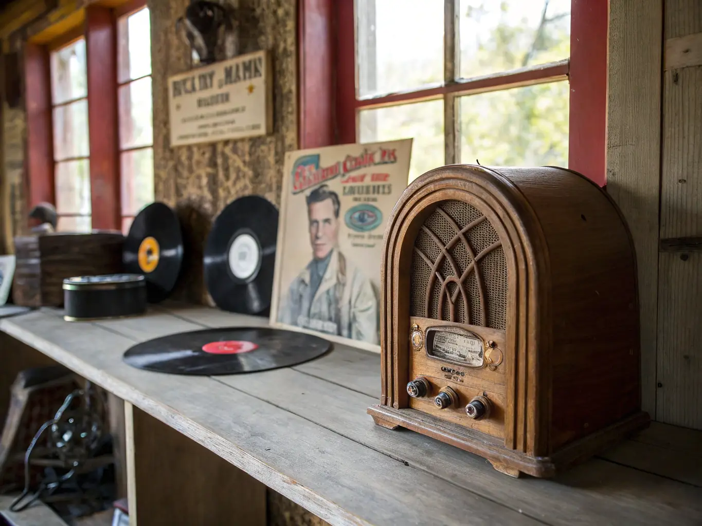 A vintage crystal radio set from the early 20th century, displayed in a museum exhibit with informational signage. The image should highlight the simplicity and ingenuity of early radio technology.