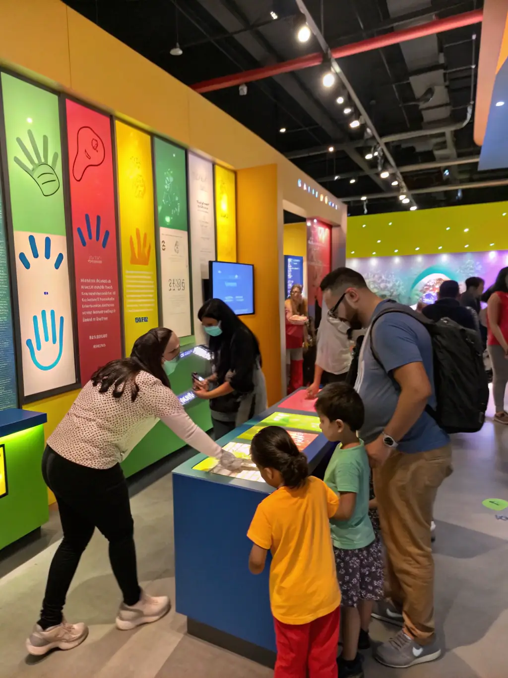 A photograph of a diverse group of visitors, including children and adults, actively participating in an interactive exhibit at the MUSEUM OF RADIO AND PHONOGRAPH, showcasing the museum's commitment to cultural education.
